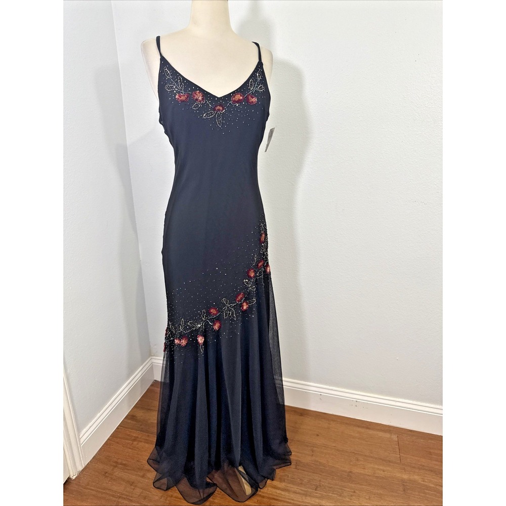 Xscape Long Maxi Dress Womens 8 Black Silk Beaded Babydoll Fairycore Formal